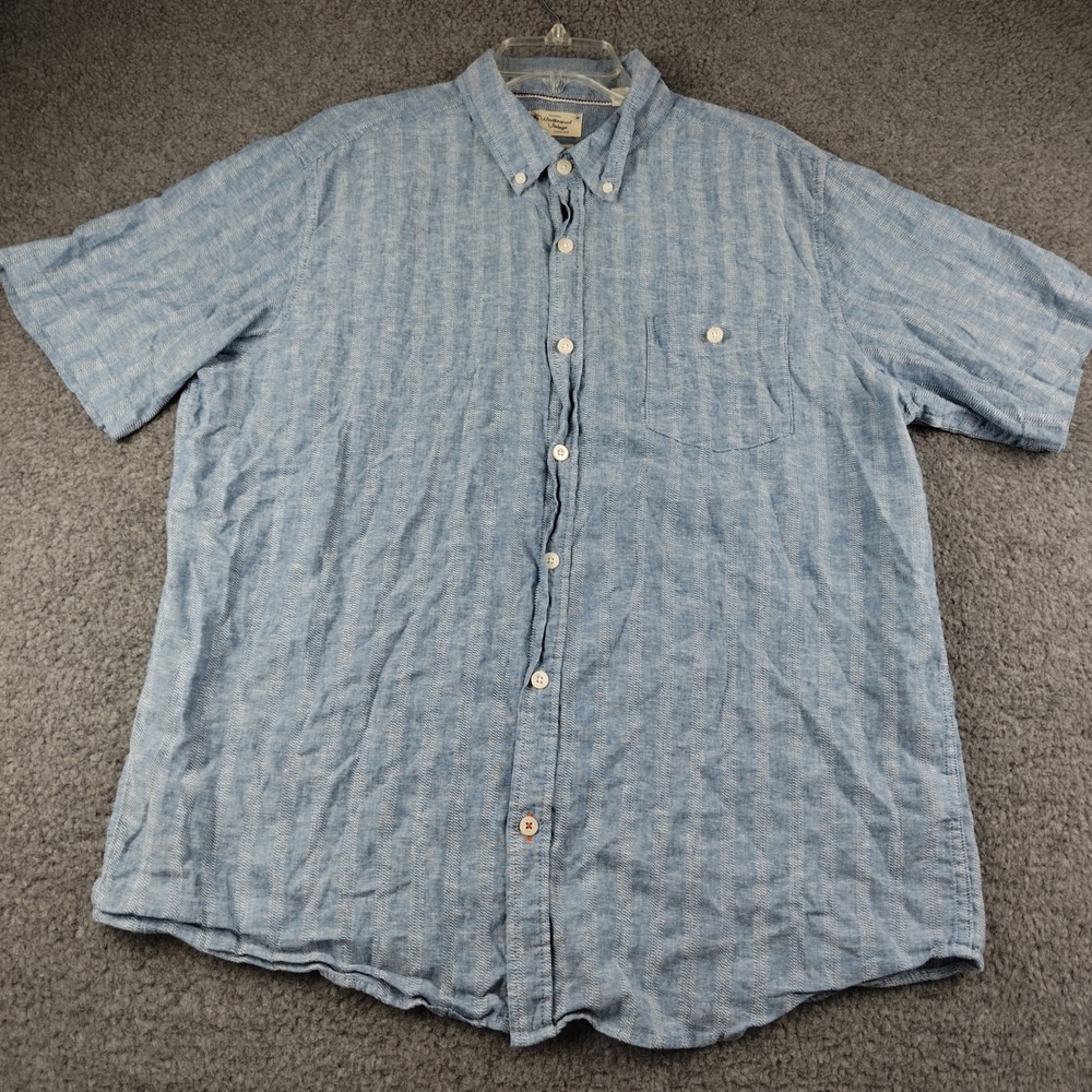 Weatherproof Vintage Washable Linen Shirt Button Down Mens XL Blue Striped SS